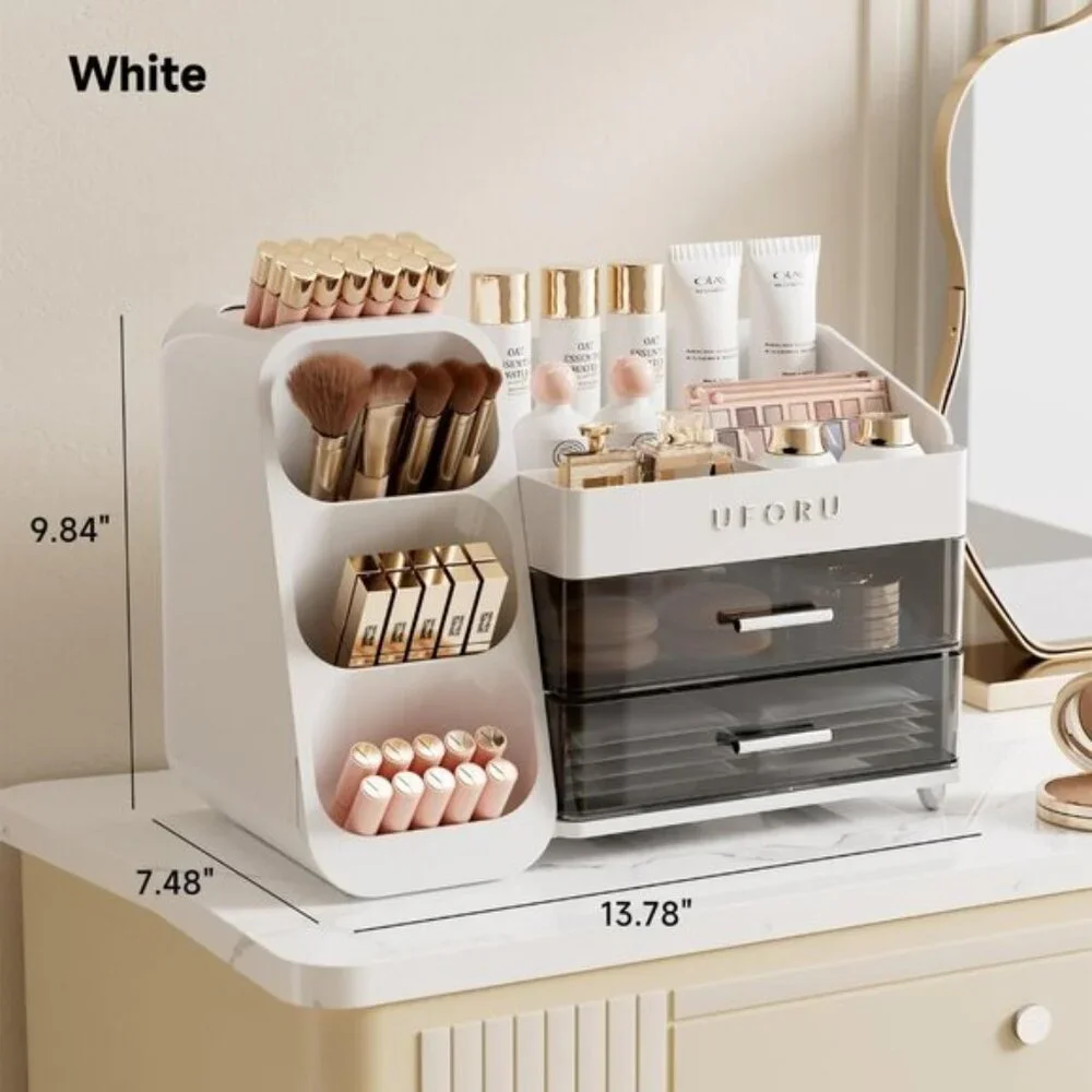 New White Makeup Organizer with Drawers for Vanity, Skincare & Beauty Essentials